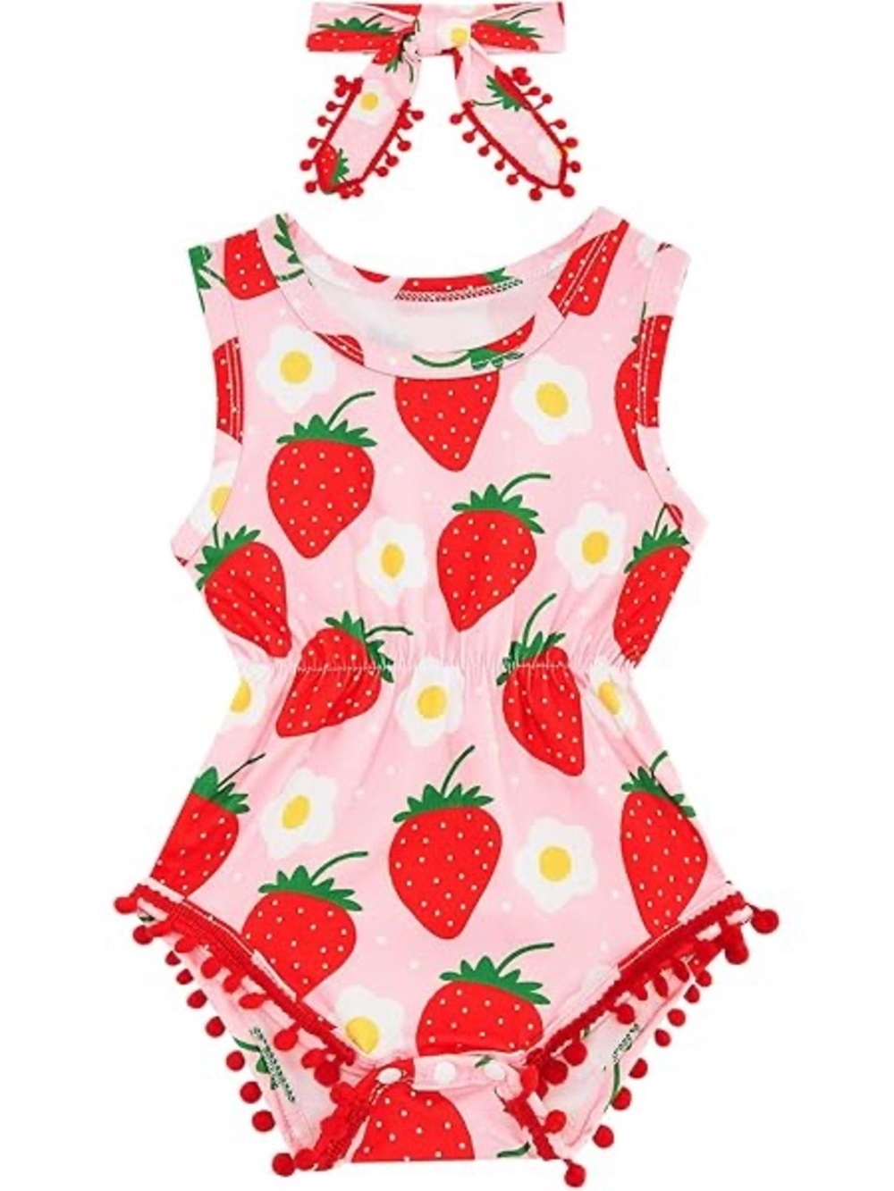 Girls' Pink Strawberry Print One-Piece Bodysuit with Pom Trim Matching Headband